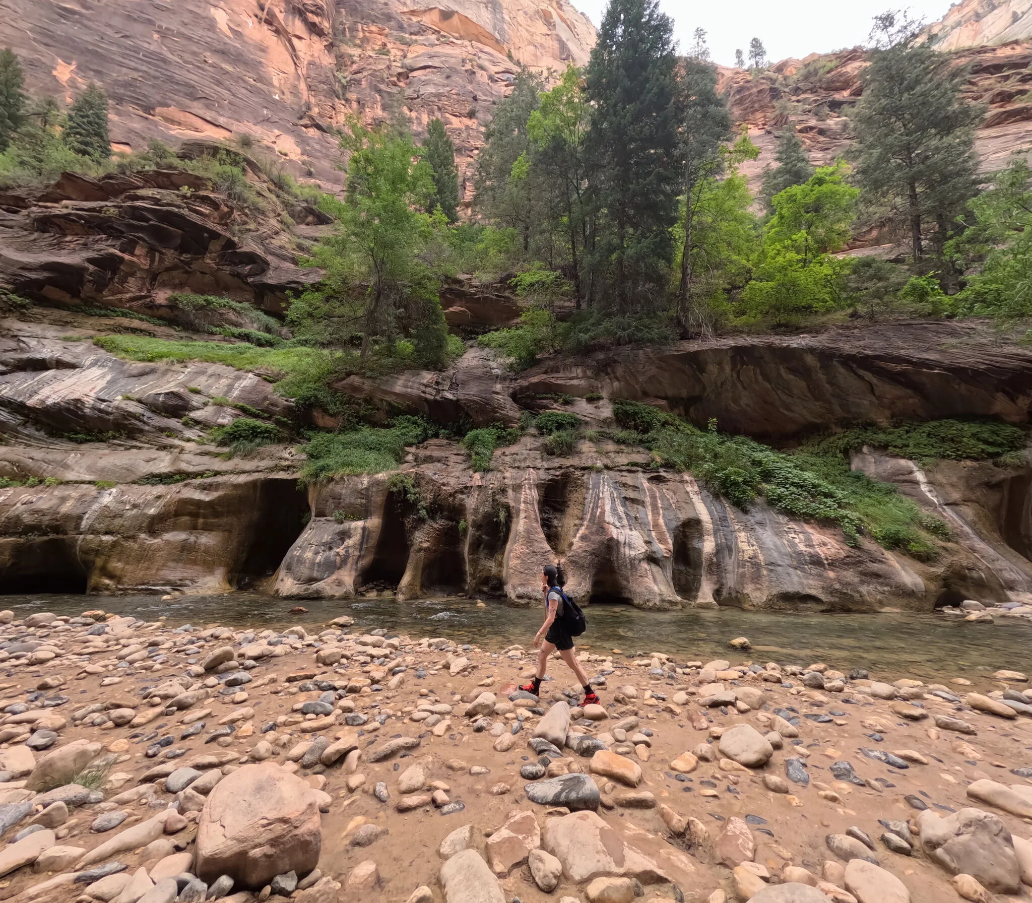A traveler walking through a rocky canyon