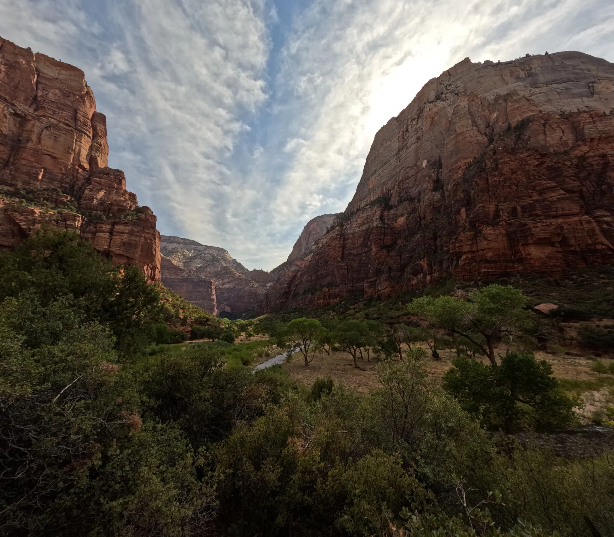 A green valley between towering red canyon walls