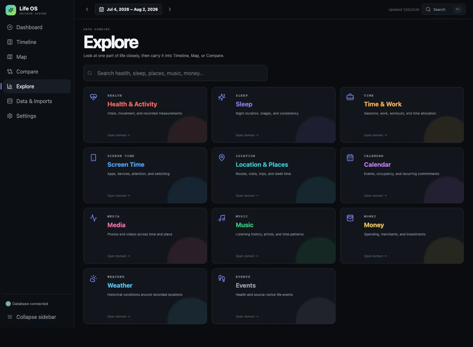 LifeOS Explore screen listing data categories, with no personal records shown