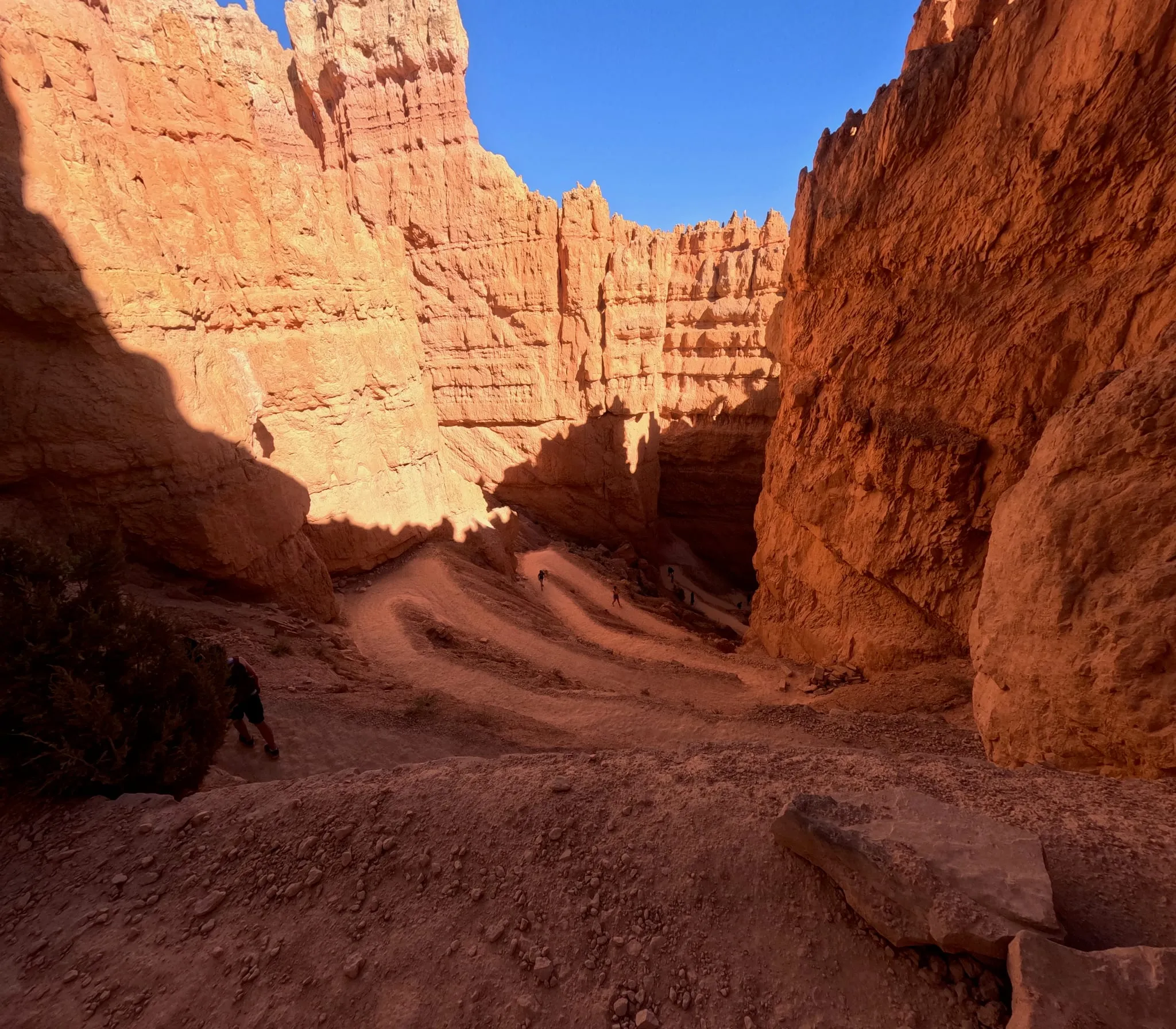 A trail winding between orange rock walls at Bryce Canyon