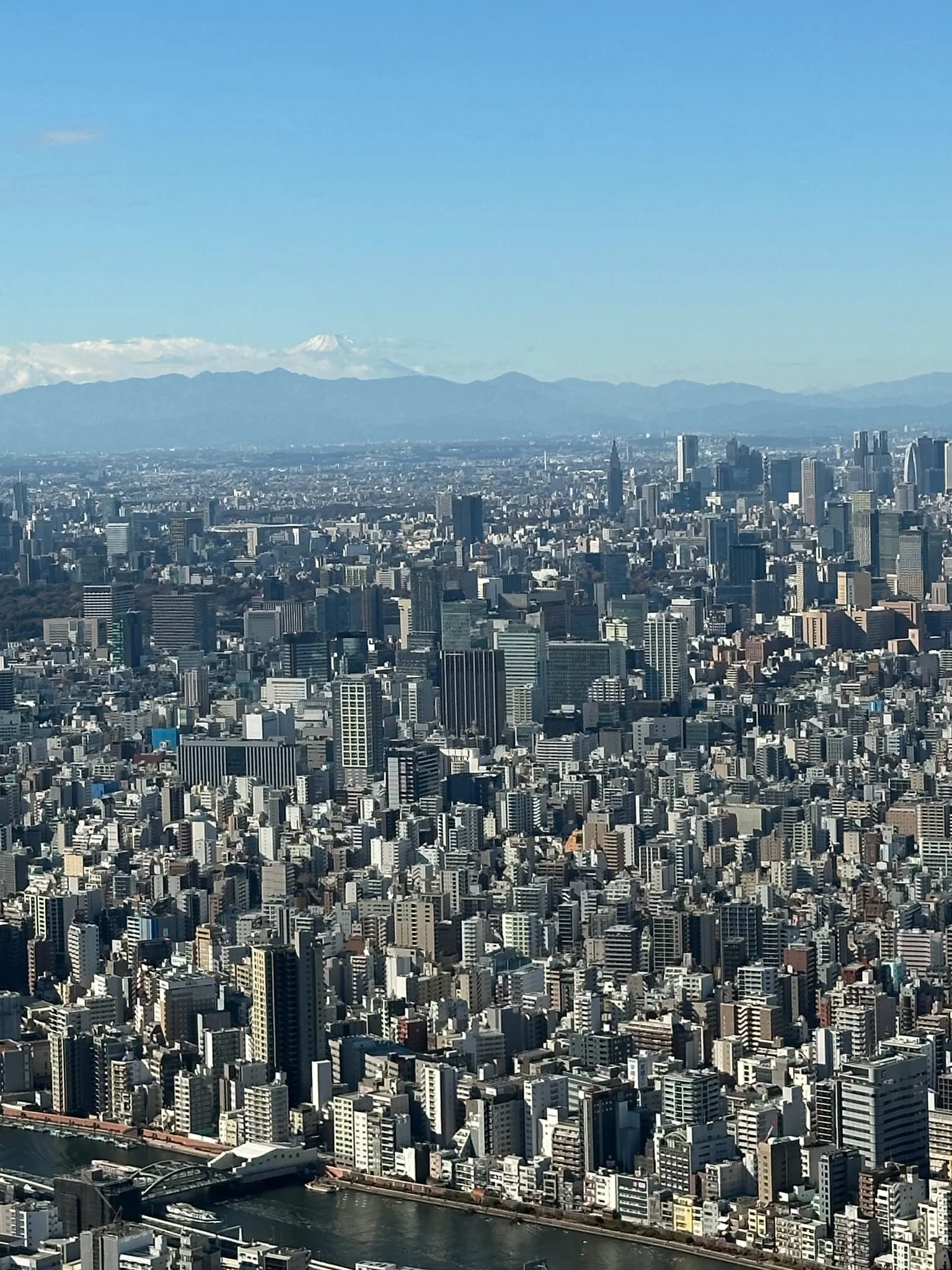 Tokyo from above, with Mount Fuji on the horizon