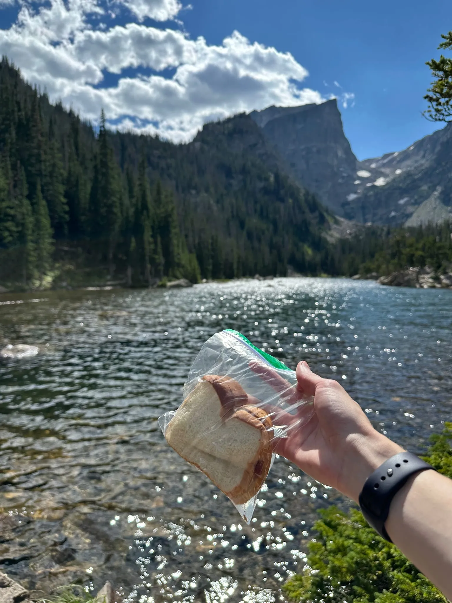 A sandwich held up over a sparkling mountain lake