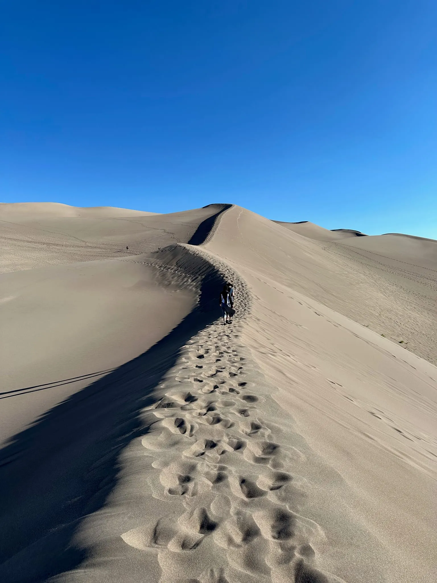 A narrow dune ridge with a trail of footprints