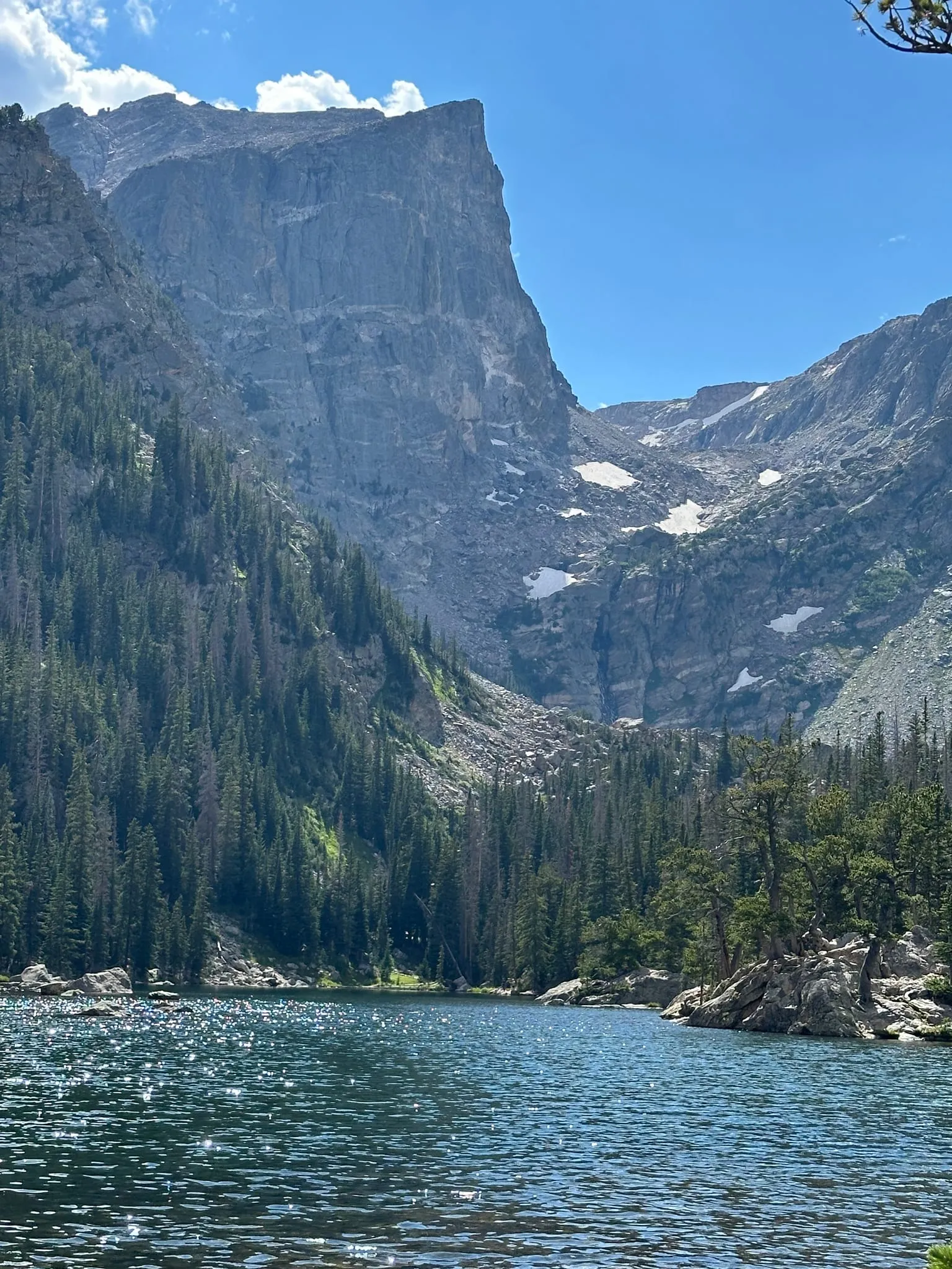 Snowy cliffs above a forested valley in Rocky Mountain National Park