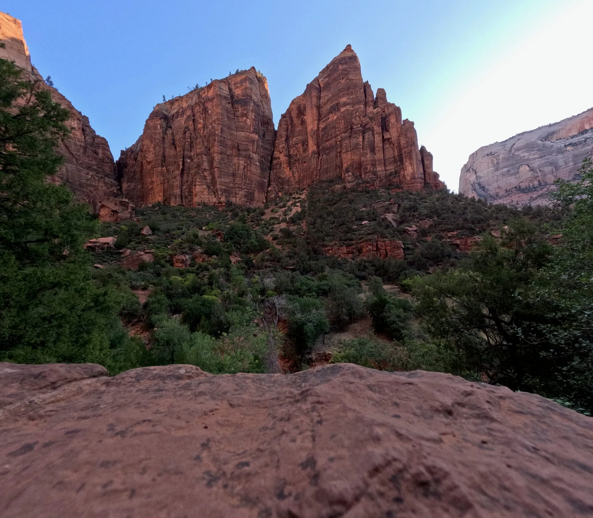 Red peaks in Zion seen from a sandstone ledge