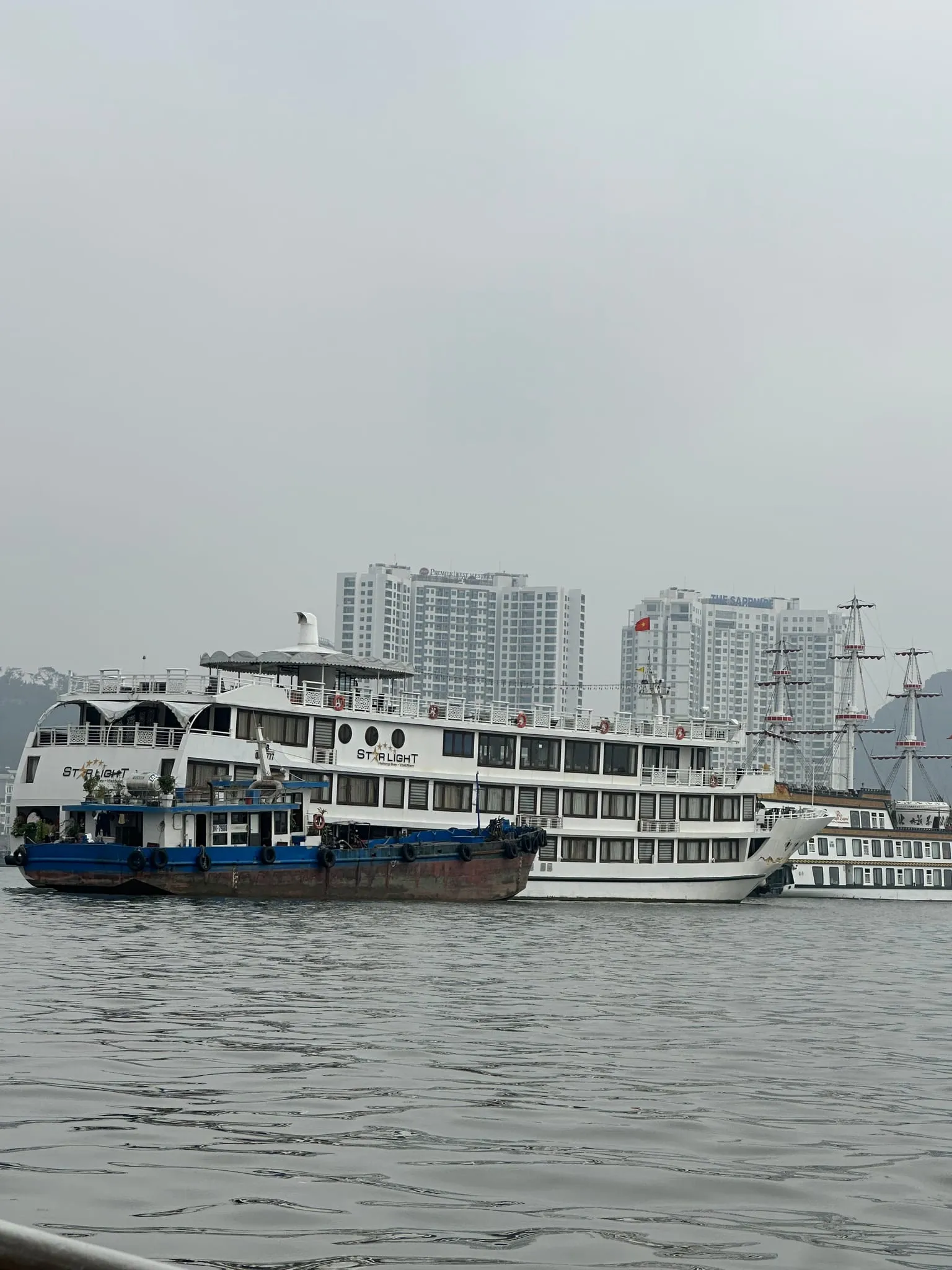 Tour boats docked in Ha Long Bay