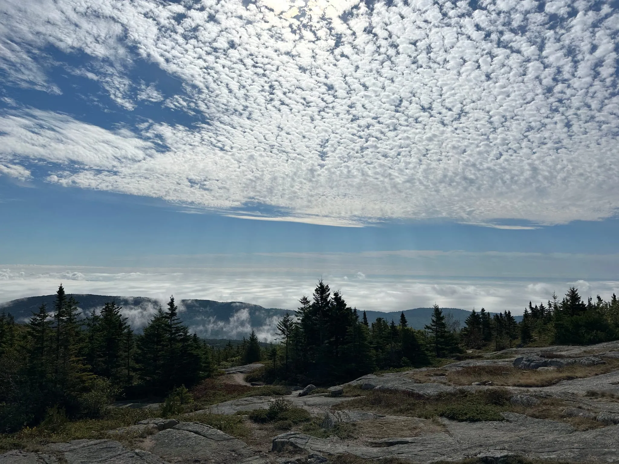 Clouds over the forest and sea from a granite summit in Acadia