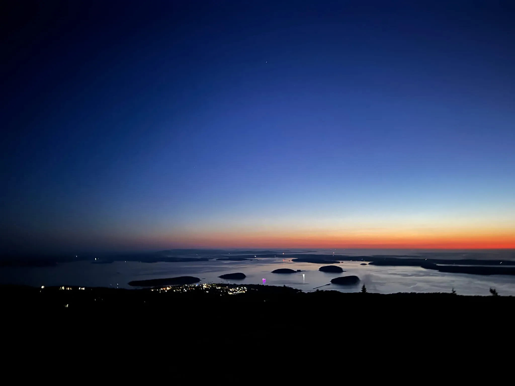 Dawn over the bay and islands from Cadillac Mountain