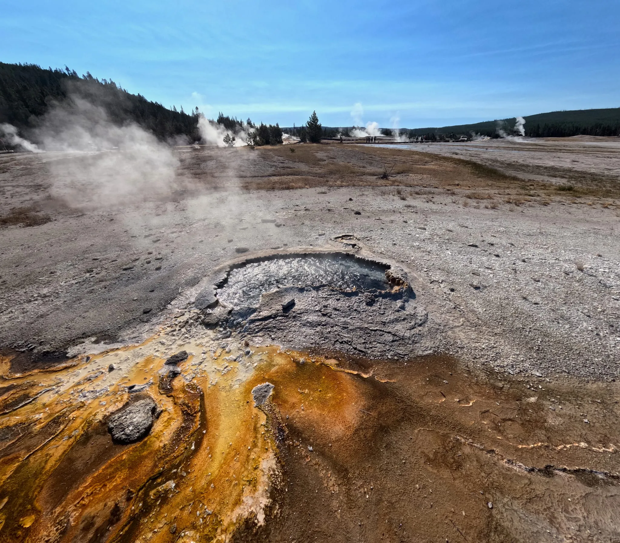 A bubbling hot spring with orange edges in Yellowstone
