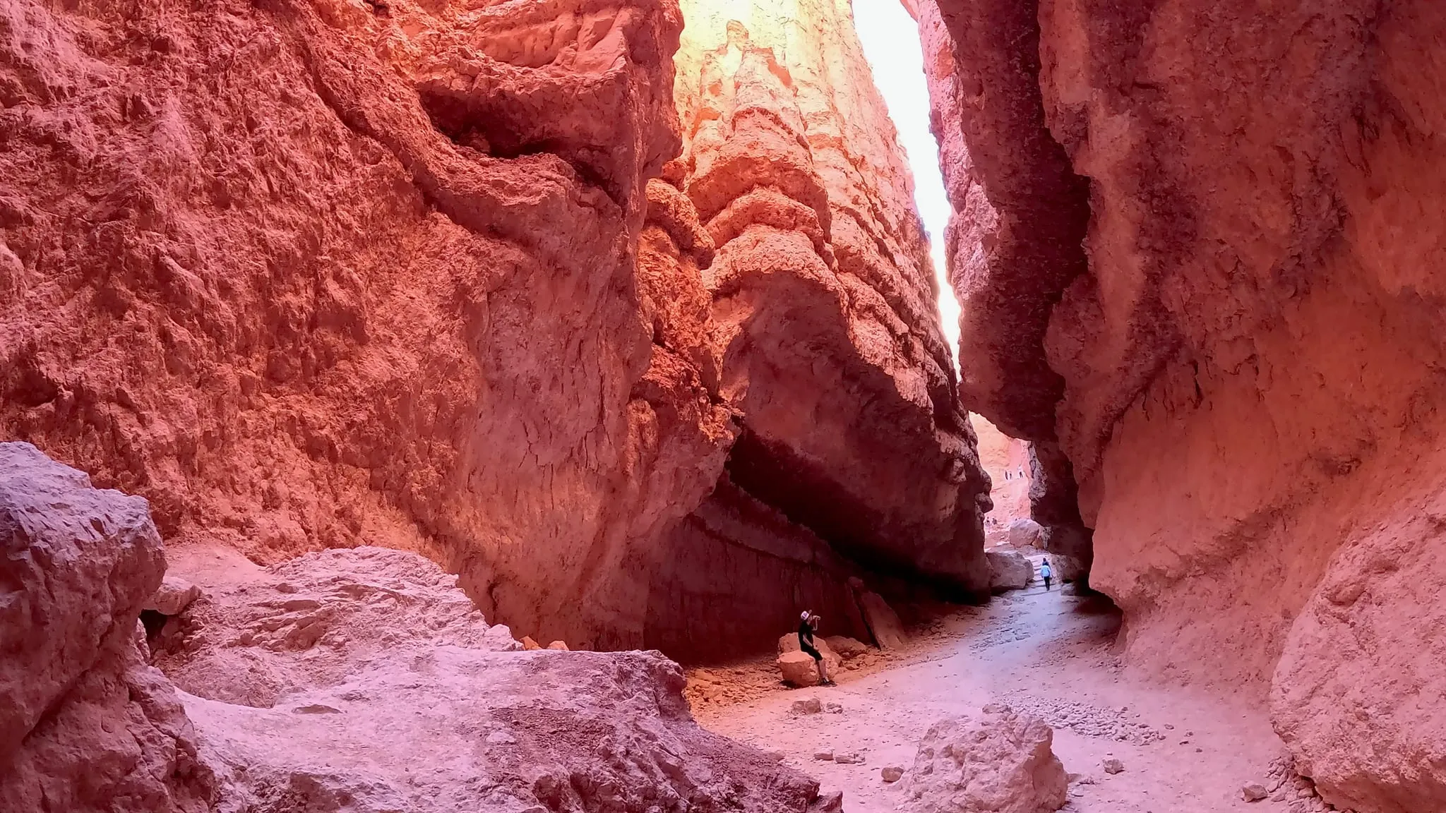 Hikers in a deep pink slot at Bryce Canyon